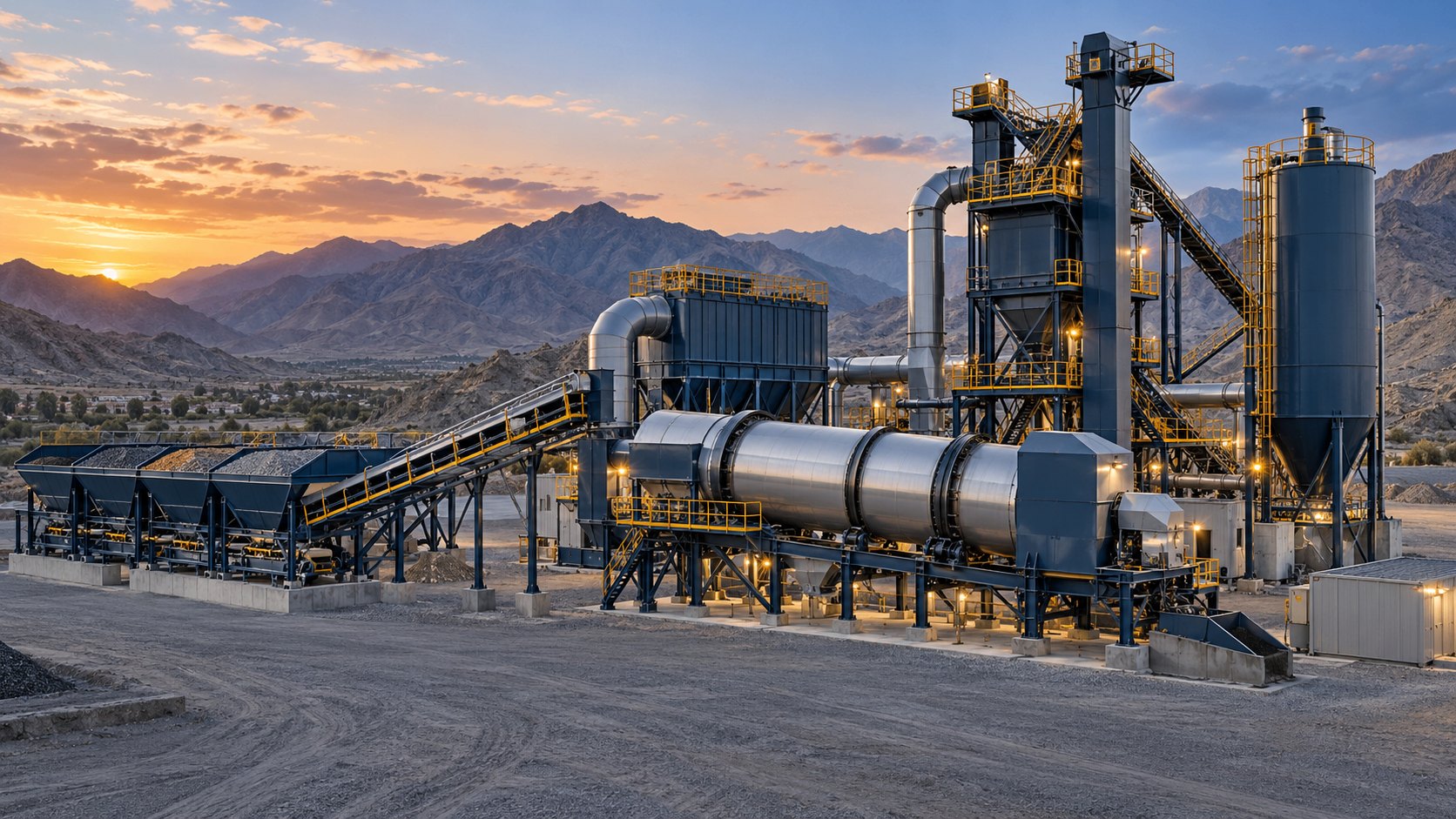 Asphalt plant with drum mixer, conveyors and silo at sunset